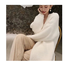 white Long Cardigan for women winter clothes Knitted fluffy long sleeve Cashmere