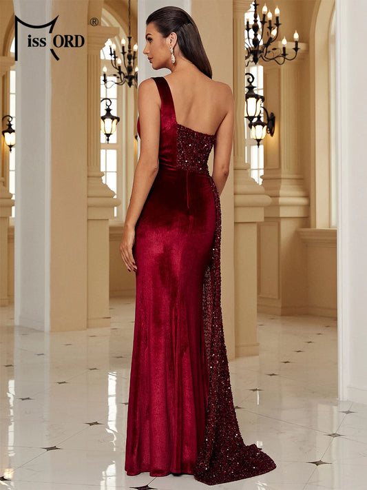 Missord Wine Sequin Evening Dress Elegant Women One Shoulder Wedding Party Dresses