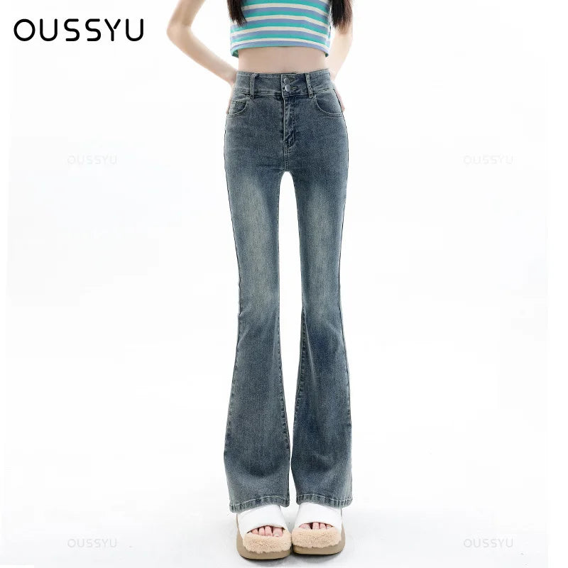 Women Jeans Cotton Denim Flared Pants Elastic Force Vintage Streetwear