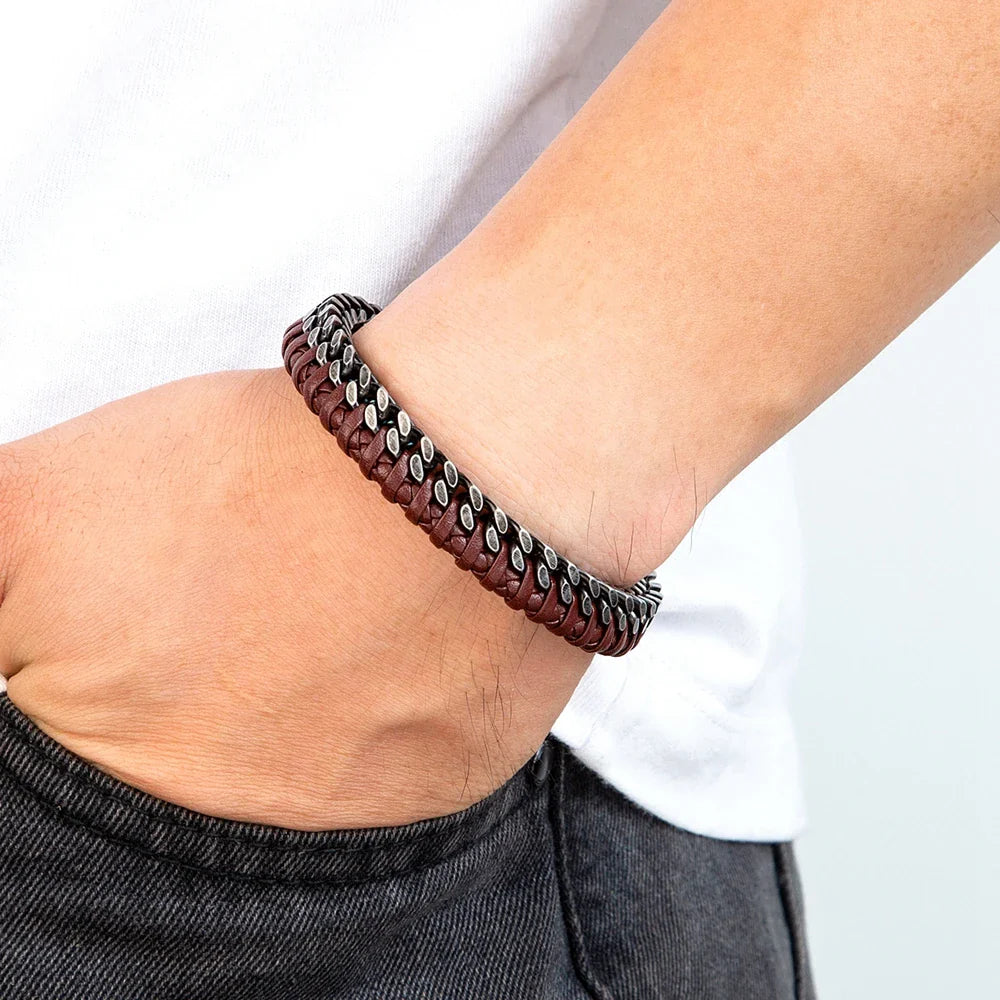 TYO New Fashion Stainless Steel Double Chain Braid Leather Mens Bracelet with Magnetic Buckle Best Gifts Whoesale Dropshipping