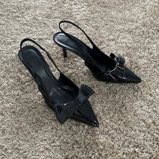 Women Black Bow High Heels Slingback Pointed toe Heeled for Women Pumps