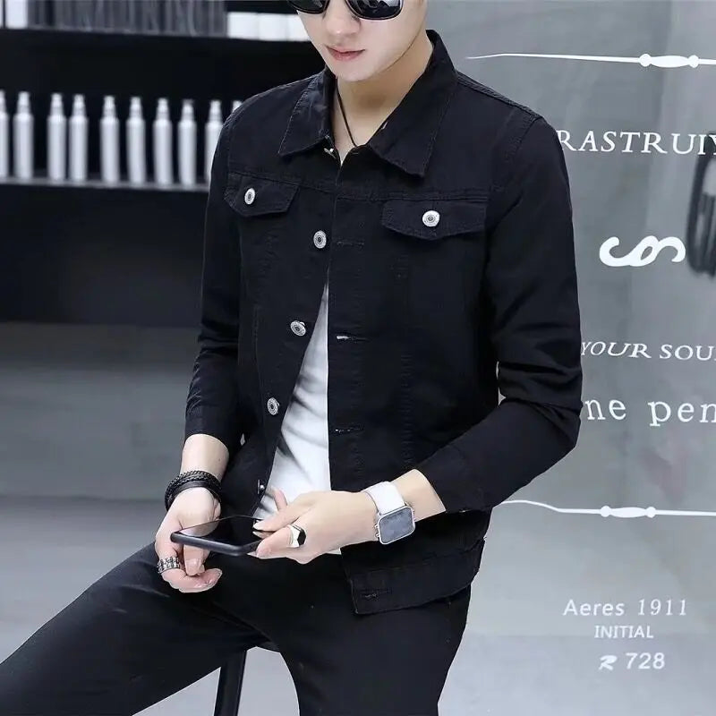 Male Jean Coats Black Button Men's Denim Jacket Short Casual Slim Low Price One Piece