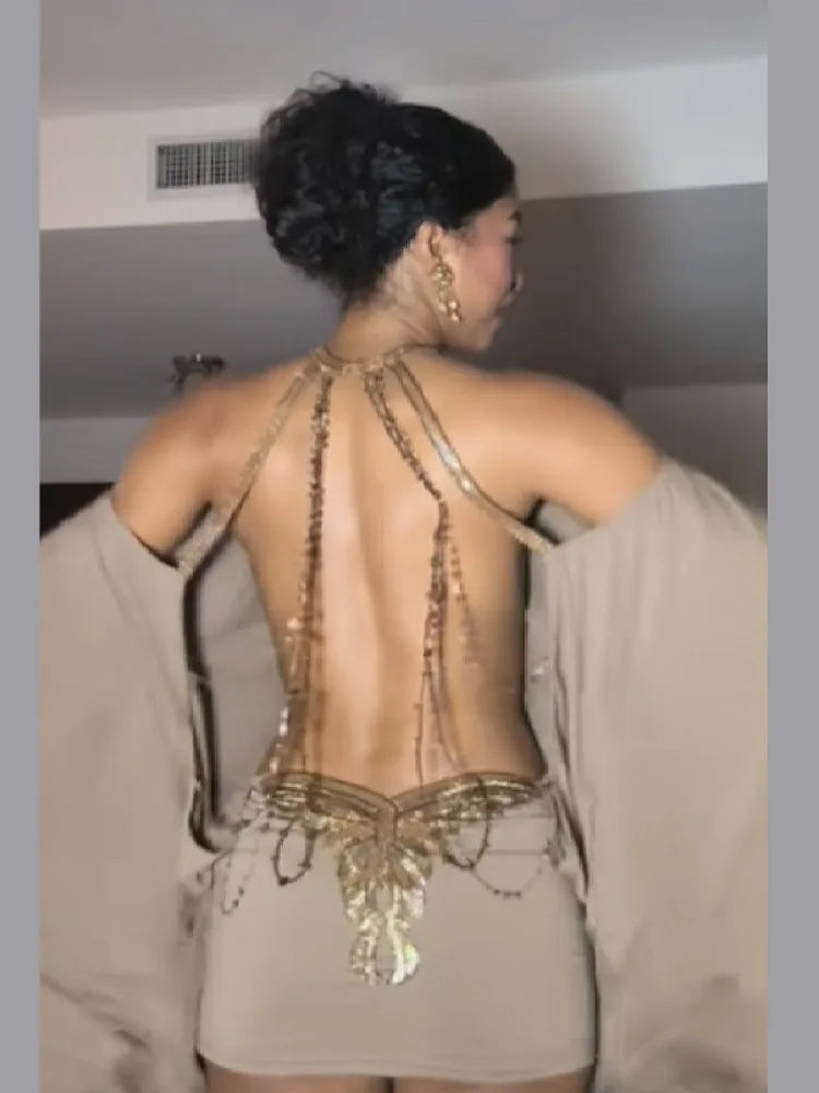 Sexy Gold Chain Decoration Back Hollow Dress Elegant Lantern Sleeve O-neck Mini Robe New Trendy Music Festival Party Outfits