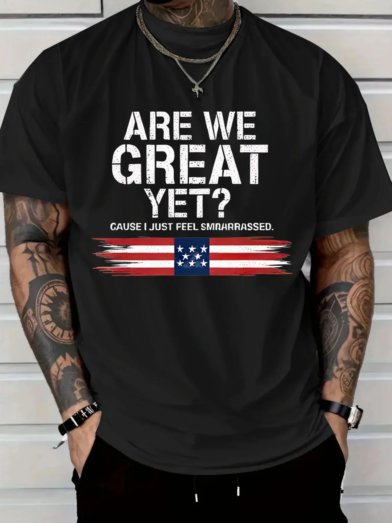 New Pure Cotton Men'sT-Shirt with Are We Great Yet American Flag Print for Casual Wear Graphic Tee Breathable and Comfort