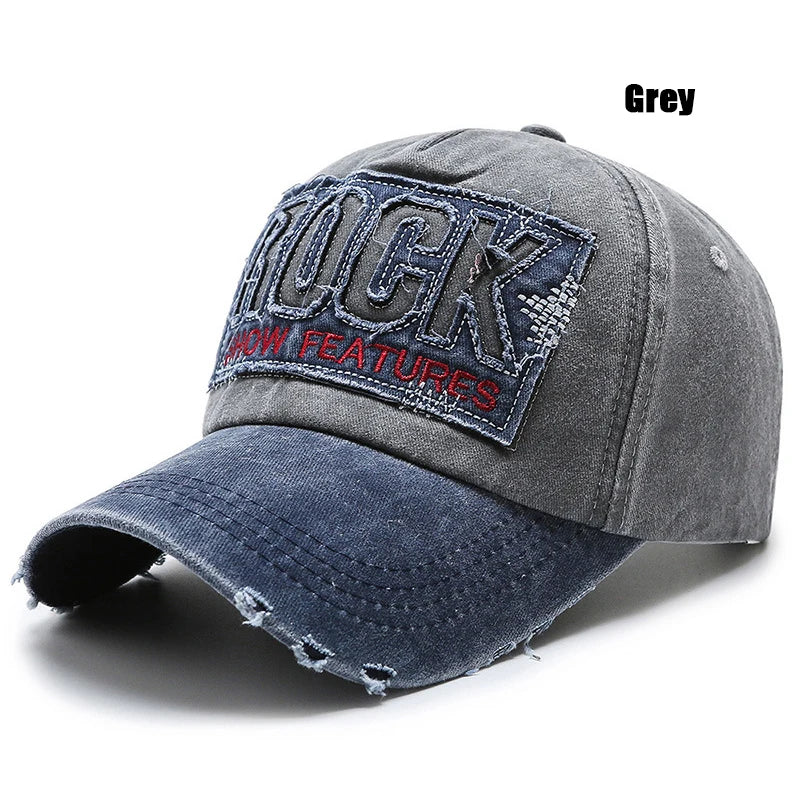 ROCK Letters Embroidered Patch Ripped Brushed Washed Distressed Design Style Unisex Cotton Adjustable Baseball Cap