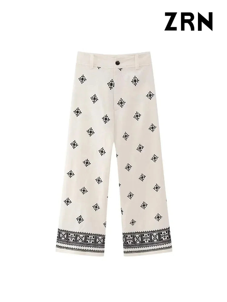 Women Fashion Embroidery Linen Straight Pants Vintage High Waist Zipper Fly Female
