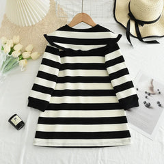 Children's Fashionable Casual T-shirt Dresses Black and White Color Blocked Collar