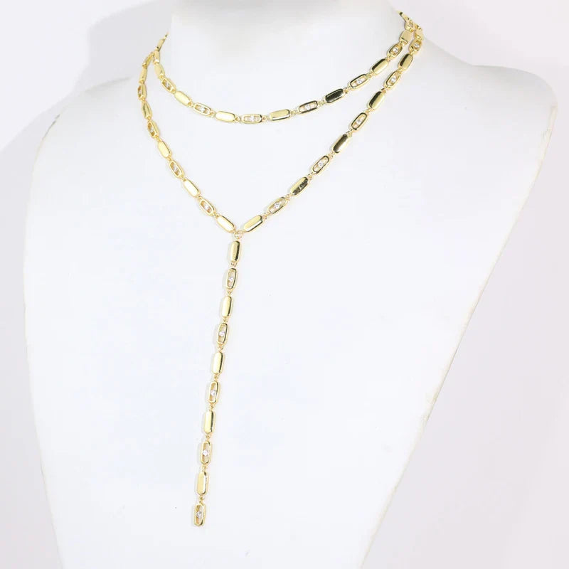 Gold Color Women Fashion Jewelry Set Geometric CZ Rectangle Charm Link Hand Chain Bracelet Choker Y Lariat Necklace