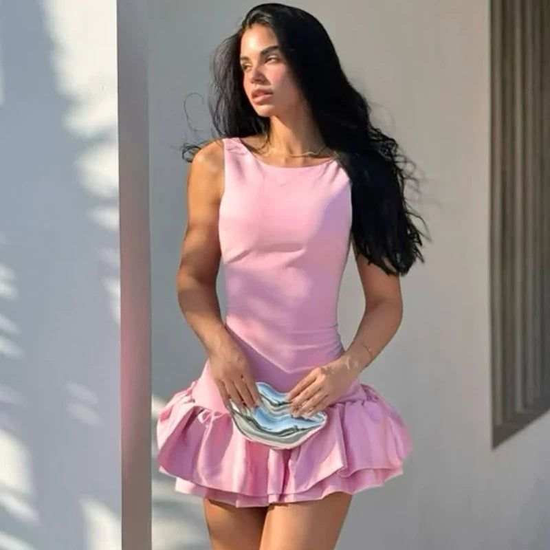HXAO Womens Dresses Ruffled Halter Dress Summer Black Pink White Dress Mini Layered Backless Short Dresses Elegant Vestidos 066