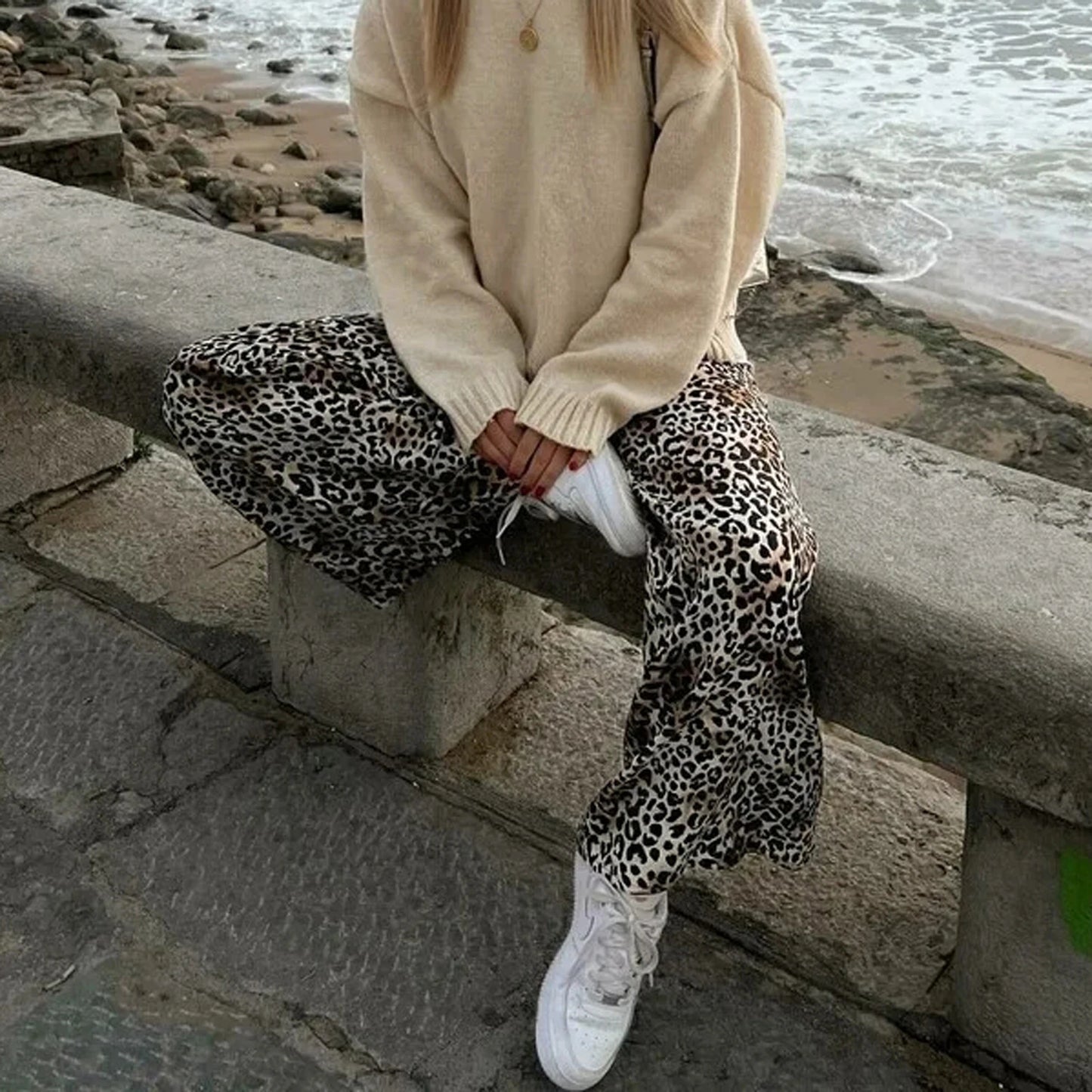 Fashion Vintage Leopard Print Wide-leg Pants Women Casual High-waisted Trouser