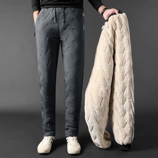 Winter Mens Pants Male Warm Proof Thermal Trousers Loose Zip Pockets Thicken
