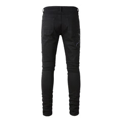 Men Snake Embroidery Jeans Skinny Tapered Stretch Denim Pants Streetwear