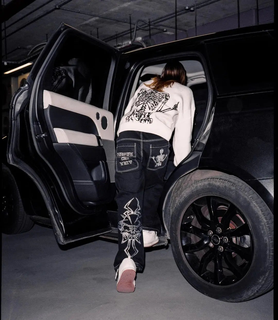 Harajuku denim skull embroidery jeans men's American style high street straight