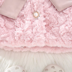 Children's Wear Bow Lapel PU Splice Solid Color Sweet Thickened Coat