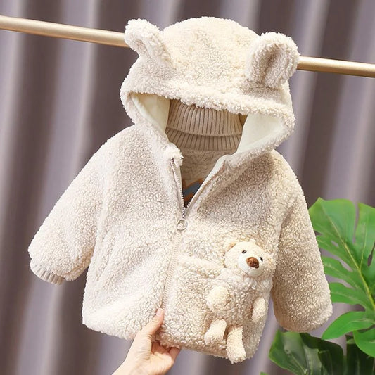 Baby Boys Girls Coat Cute Bear Plush Kids Jacket Winter Warm Hooded Children's