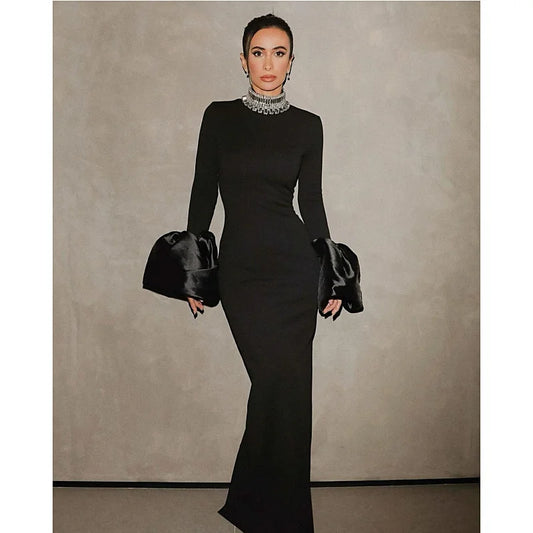 STOCK Shining Diamonds Neck Flare Sleeve Black Long Bandage Dress