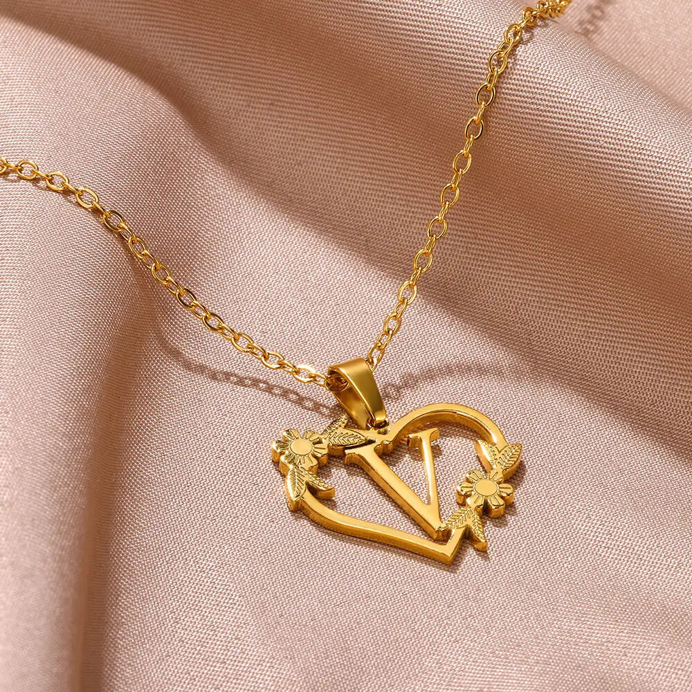 Gold Color Dainty Flower Initials Necklace Women Girl Stainless Steel Heart Letter