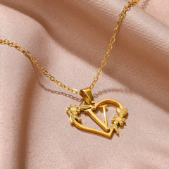 Gold Color Dainty Flower Initials Necklace Women Girl Stainless Steel Heart Letter