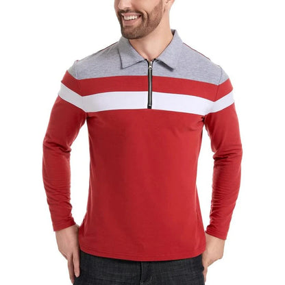 Men's Long Sleeve Striped Polo Shirts 1/4 Zip Cotton Patchwork Collared Shirt Casual Fashion Pullover Slim Fit Golf Shirt