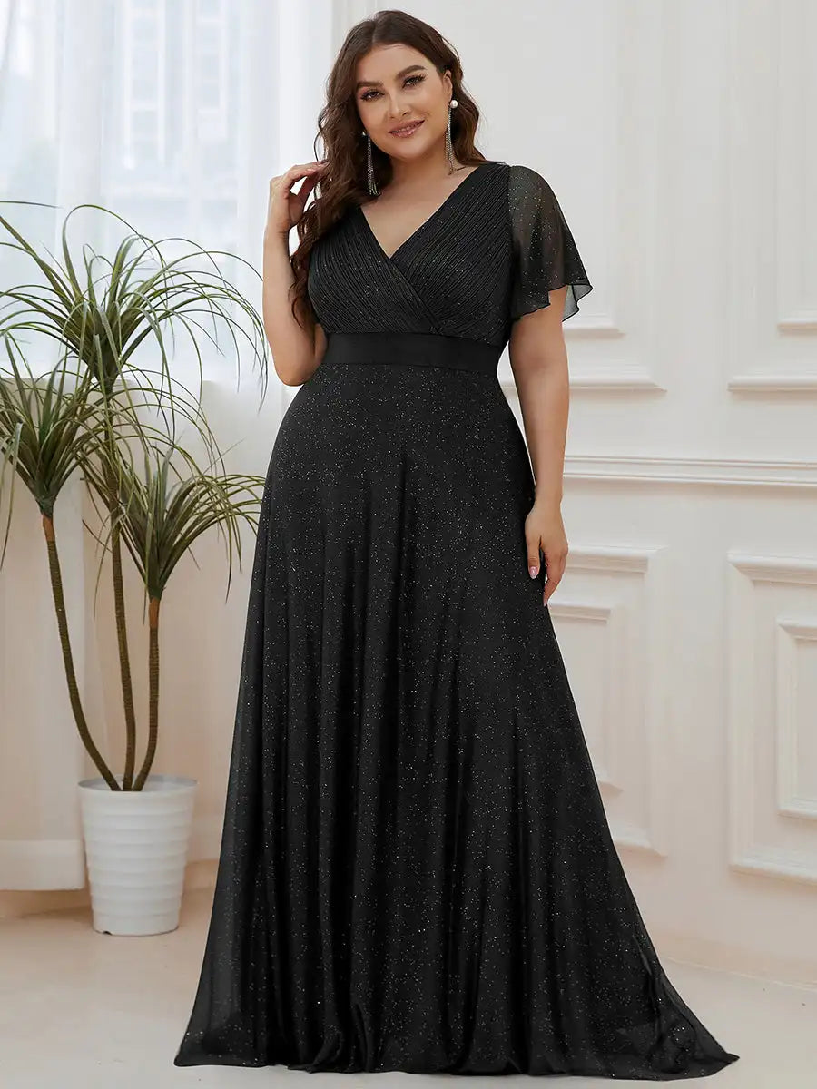 Evening Dresses: Ever pretty of Plus Size Deep V Neck Ruffles Sleeve Dress