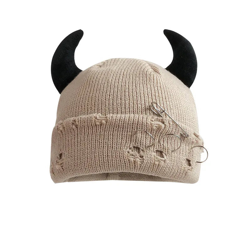 Unisex Knitted Beanie With Devil Horns Halloween Distressed Skull Cap Hip Hop Winter Warm Yarn Hat For Men Women