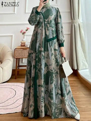 Women Floral Printed Muslim Dress Ramadan Maxi Sundress Elegant Abaya