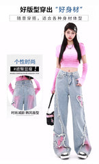 Blue Womens Jeans Butterfly High Waist Straight Baggy Denim Pants American