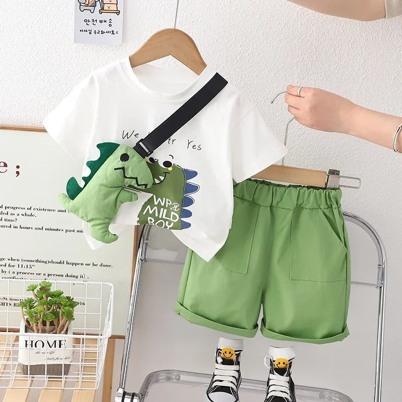Kids Boys Summer Birthday Clothes Sets Cartoon Animal Print T-shirt Shorts 2pcs/Set with Doll