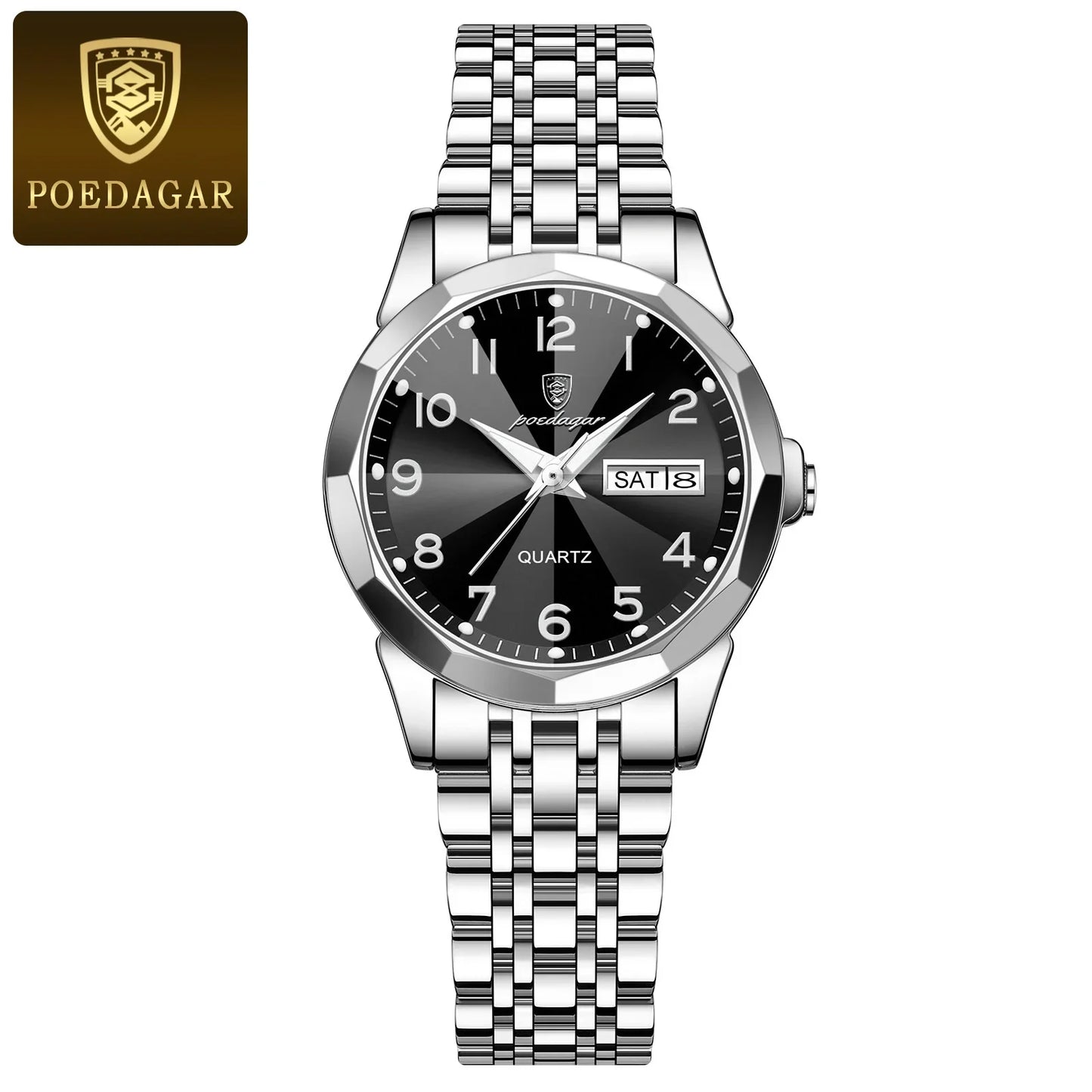 POEDAGAR Fashion Ladies Watch Waterproof Luminous Date Week Watch for Woman High Quality Stainless Steel Women's Quartz Watches