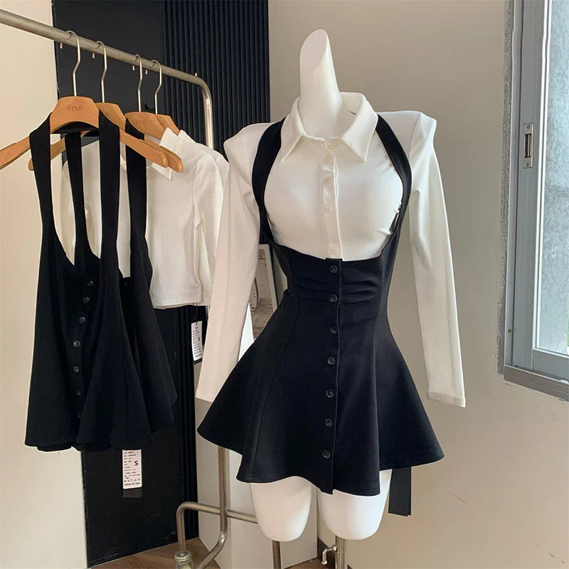DUOJIHUI Two Piece New Sexy Chic Halter Female Dresses Basic Polo Neck Fashion Button Shirt Slim Simple A-line XS-L Women Dress
