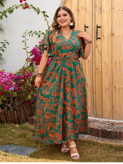 Plus Size Summer Flower Floral V-Neck Long Dress Women Split Loose Pleated Modis Ladies Dresses Short Sleeve Casual Woman Dress