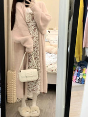 white Long Cardigan for women winter clothes Knitted fluffy long sleeve Cashmere