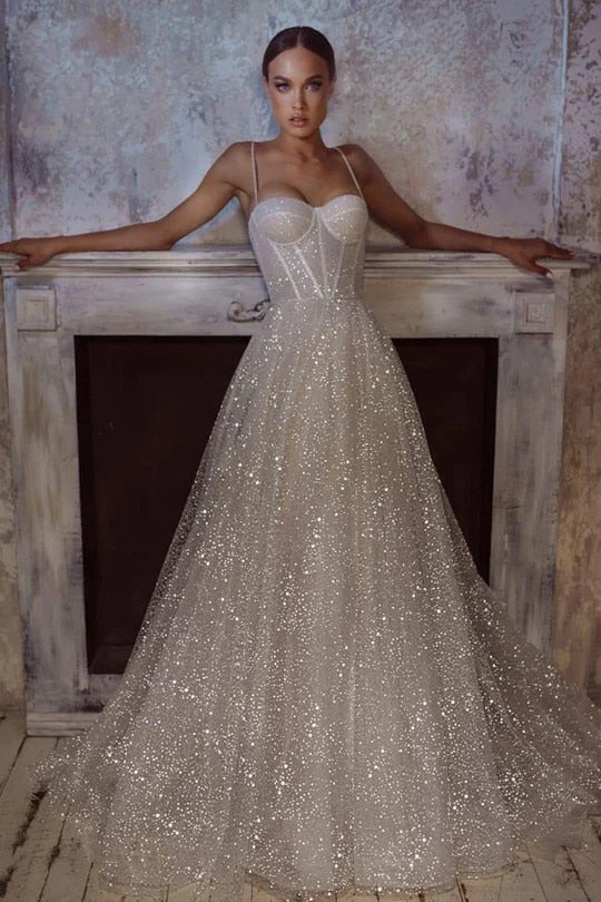 White Bridesmaid Dresses: Beach Glitter Wedding Dress V Neck Party Bridal Dresses
