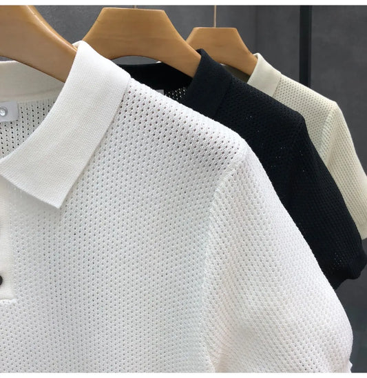Turn Collar Knit Polo Shirt Short Sleeve Mens Sweater Top