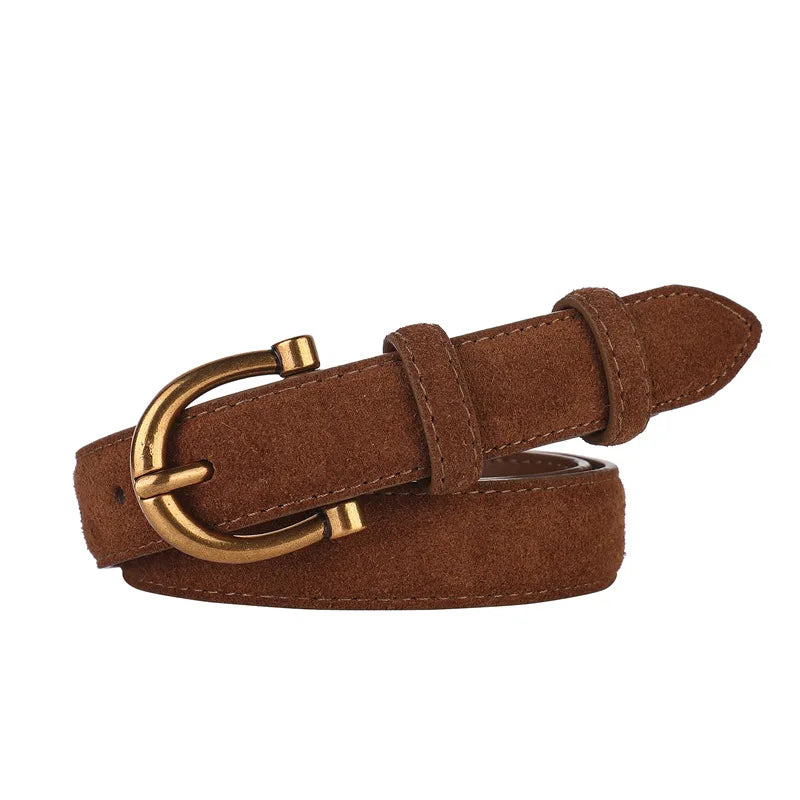 Fashion Women Belt Suede Genuine Leather Skinny Waistband Gold Buckle Wine Red Belts for Jeans Pants Casual