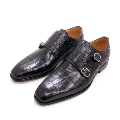 Men's Luxury Italian Mens Shoes Real Leather Pointed Toe Double Buckles Alligator Parrint  Formal Business Black Shoes for Male