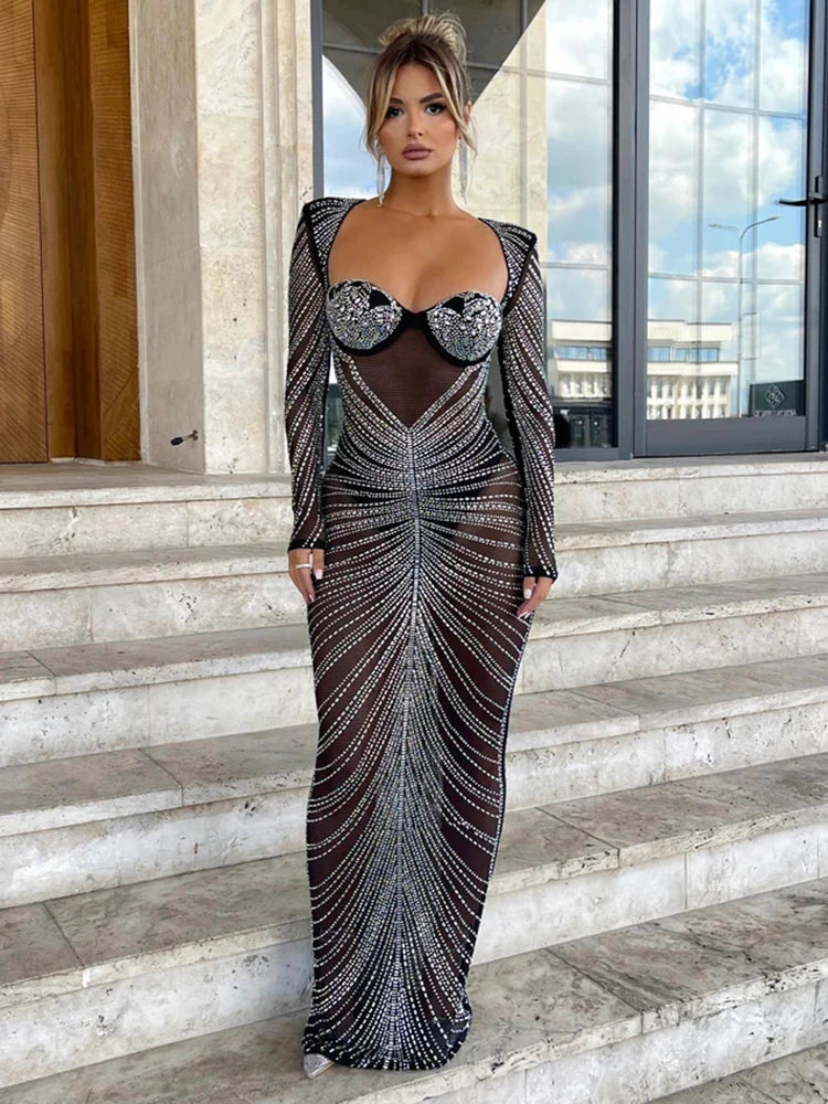 Evening Dresses: Glitter Mesh See Through Party Maxi Dress For Women