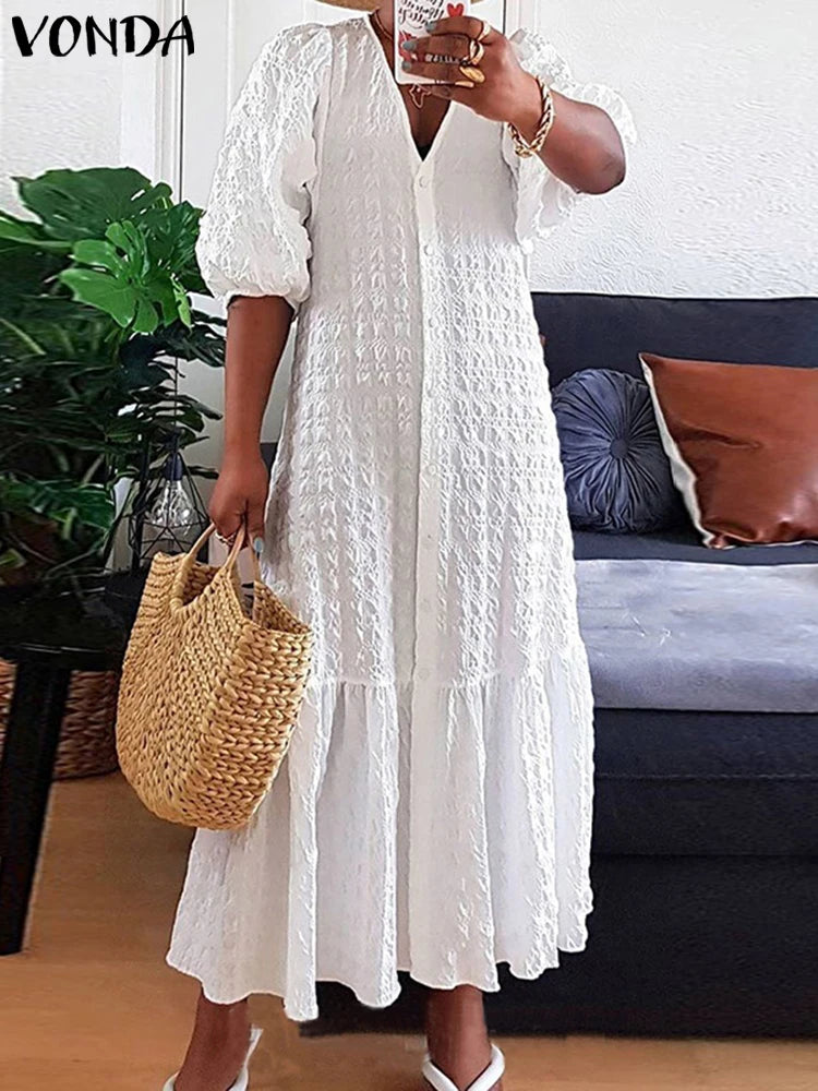 Plus Size 5XL VONDA Women Shirt Dress 2023 Summer Sexy V Neck Buttons Half Sleeve Long Maxi Vestidos Bohemian Elegant Party Robe