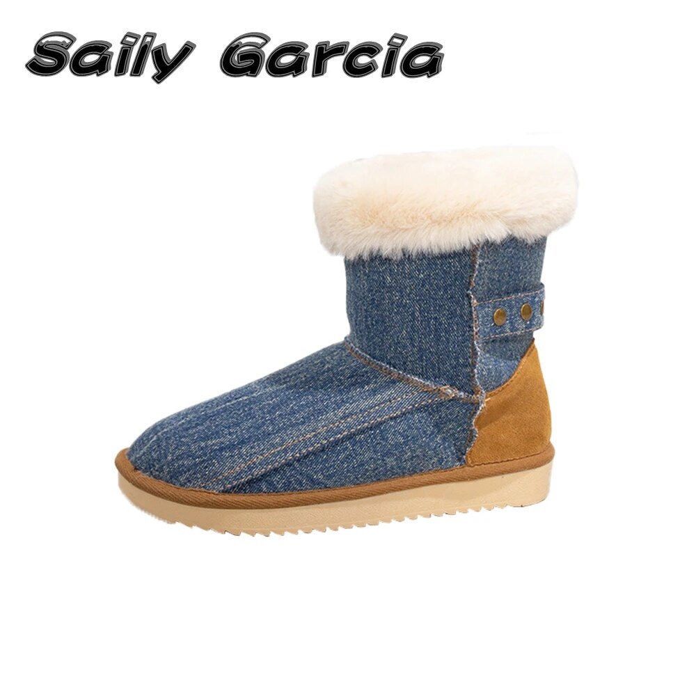 Blue Short Plush Snow Boots Year Wild Casual Mid Calf Boots Round Toe Platform
