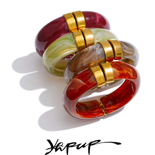 Yhpup 66mm Green Pink Brown Purple Acrylic Thick Bracelet Bangle for Women Stainless Steel Arrivals 2025 Wrist Jewelry Gift