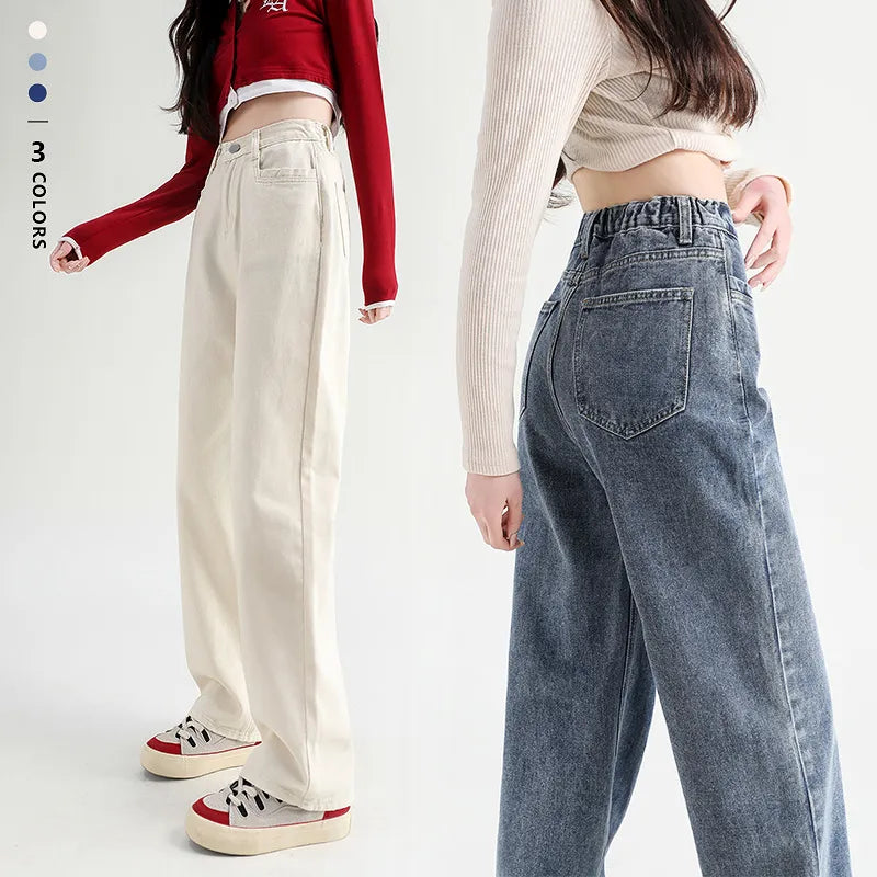 Woman Jeans Elastic High Waist Wide Leg Cotton Denim Clothing Blue White Streetwear