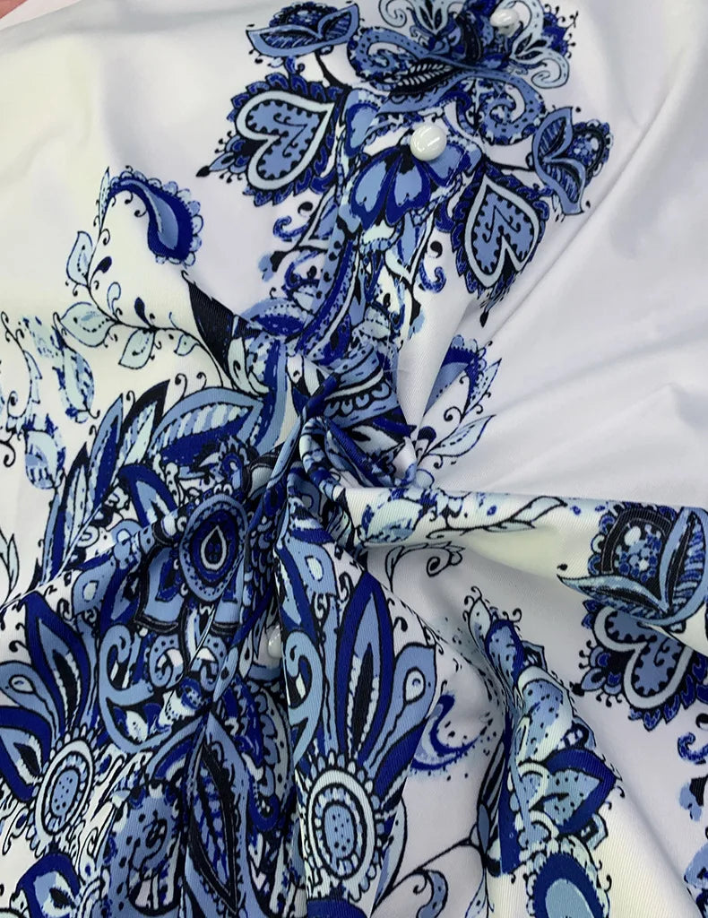 Evening Dresses: Women Blue Print V-Neck Long Sleeve Bohemian Dress