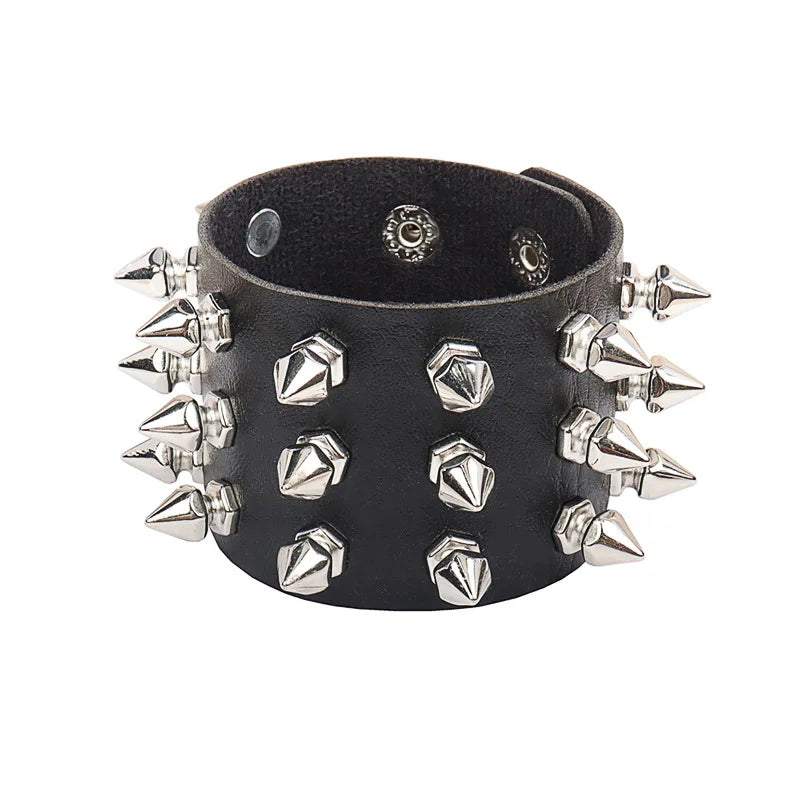 Punk Bracelet for Men Women - Goth Black Leather Wristband with Metal Spike Studded- Spike Rivets Cuff Bangle Adjustable