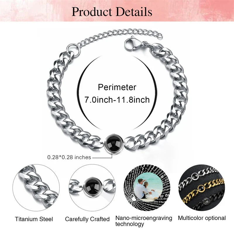 Custom Bracelet with Picture Inside Titanium Steel Cuban Link Chain Bracelet with Personalized Photo Projection for Men Women