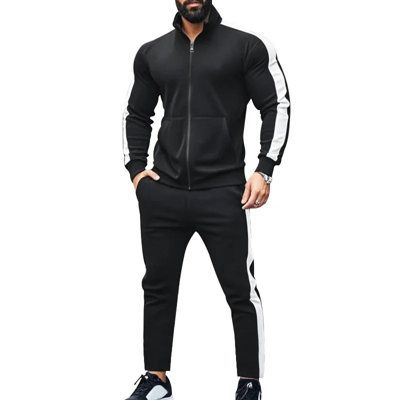 2025 Spring Autumn Men's 2-Piece Set Color Blocking Zipper Stand Collar Casual Sports Jacket Sweatshirt Trousers Suit
