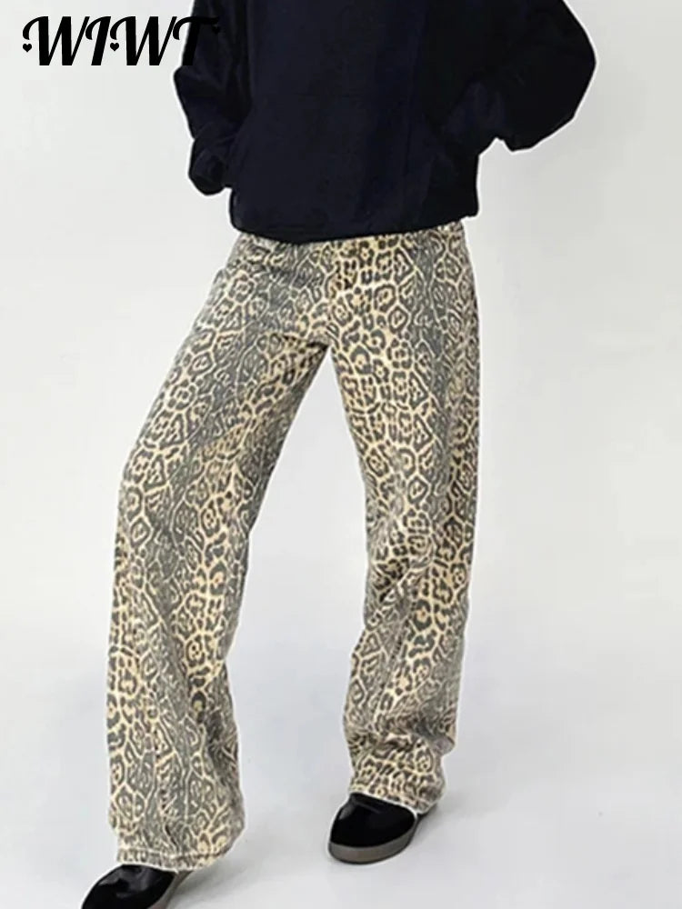 Y2K Women Leopard Print Jeans Trousers Fashion Casual Loose Wide Leg Pants