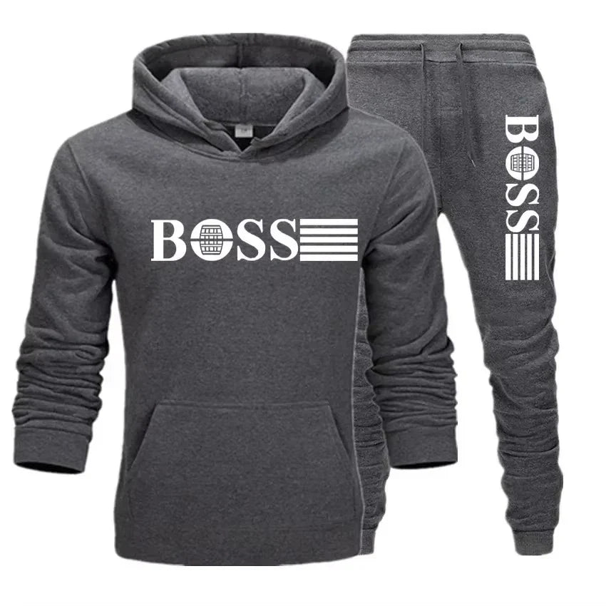 Winter and autumn fleece thickened hooded pullover sweater jacket for men, casual sports outfit, two-piece set for men