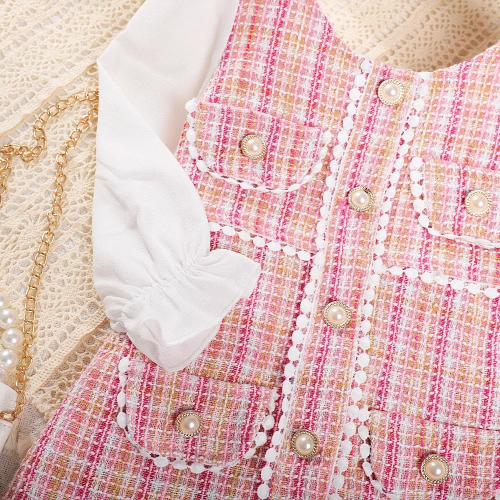 Girls' Dress Girls' Round Neck Plaid Lace Button Long Sleeve