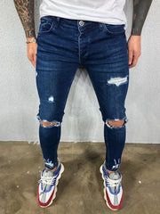 Distressed Knee Holes Elastic Skinny Jeans Men Ripped Biker Denim Pants