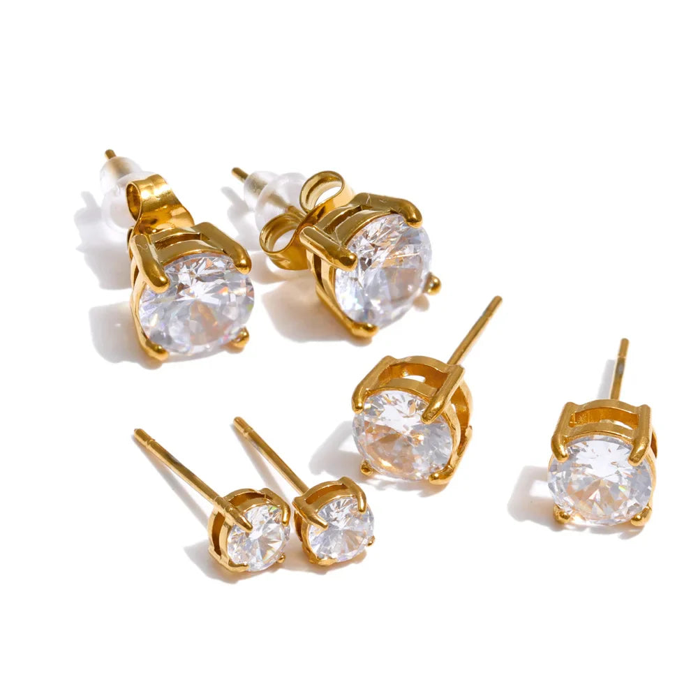 Yhpup 1Set High Quality Shiny Cubic Zirconia Round Stud Earrings Daily Stainless Steel Versatile Premium Jewelry Party Gift